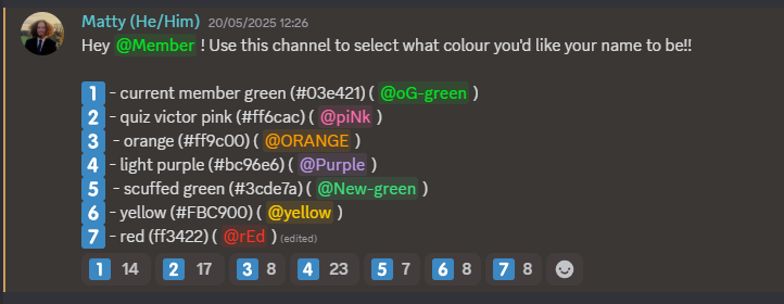A screenshot of the member colour roles, including the original green, quiz victor pink, orange, purple, new green, yellow and red.